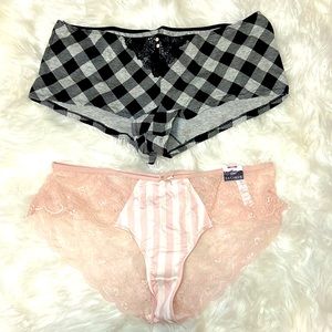 2 pair Cacique panties - pink lace cheeky & plaid boyshort